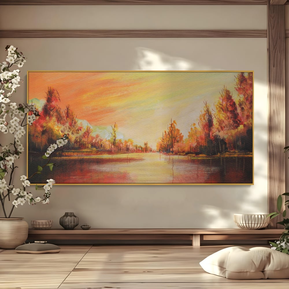 Tablou canvas cu pictura cu peisaj de toamna si lac, in rama de aluminiu auriu